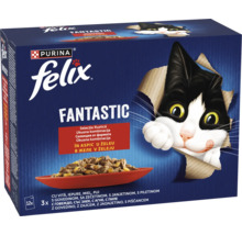Hrană umedă pentru pisici Felix Fantastic multipack, 12 plicuri cu bucățele de carne în aspic, selecție cu vită, iepure, miel și pui.