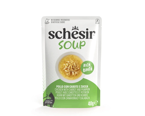 Hrana pentru pisici Schesir Soup pui cu morcovi si dovleac plic 40 grame