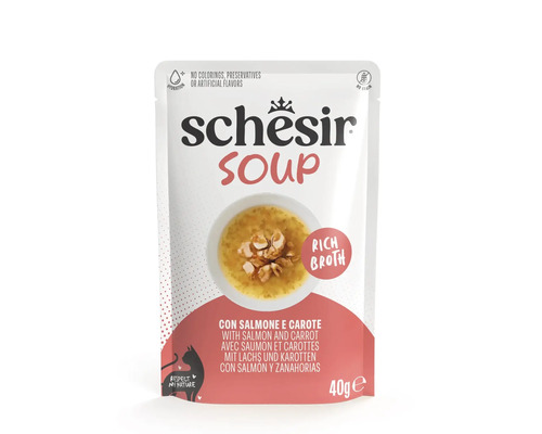 Hrană pentru pisici Schesir Soup cu somon și morcovi, hrană complementară fără cereale, plic de 40 grame