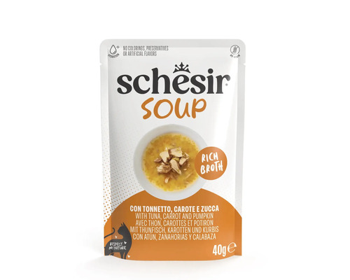 Hrană pentru pisici Schesir Soup la plic cu ton, morcovi și dovleac, 40 grame