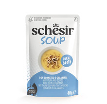 Hrană pentru pisici Schesir Soup cu ton și calmar, pliculeț de 40 grame, fără aditivi artificiali și fără cereale.