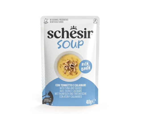 Hrană pentru pisici Schesir Soup cu ton și calmar, pliculeț de 40 grame, fără aditivi artificiali și fără cereale.