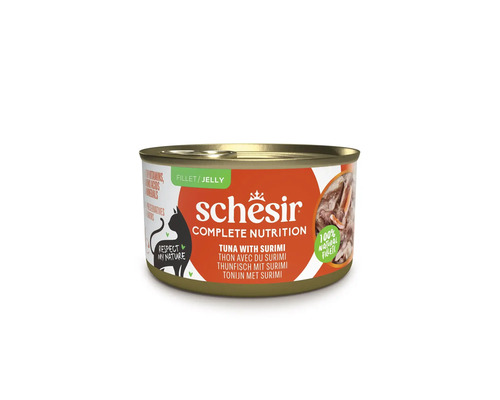 Hrana pentru pisici Schesir la conservă ton cu surimi în aspic, hrană completă pentru pisici din fileuri naturale.