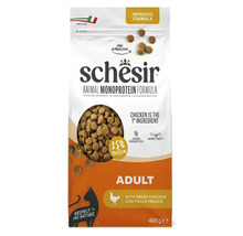 Hrană uscată Schesir pentru pisici adulte cu pui, formulă monoproteică, pachet de 400 grame.