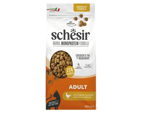 Hrană uscată Schesir pentru pisici adulte cu pui, formulă monoproteică, pachet de 400 grame.
