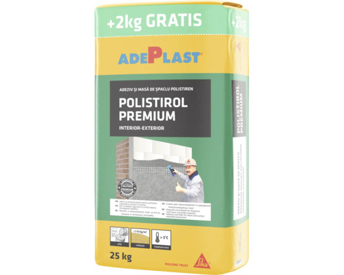 Adeziv și masă de șpaclu Adeplast Polistirol Premium pentru plăci de polistiren, sac de 25 kilograme.