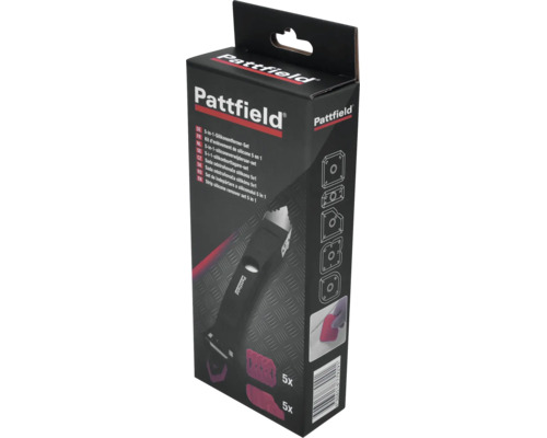 Set Pattfield 5 în 1 pentru îndepartarea siliconului în ambalaj de vânzare cu racleta si cinci profile interschimbabile pentru finisarea rosturilor.