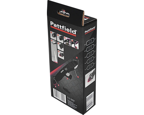 Set de îndepărtat rosturi din silicon Pattfield în ambalaj, cu imagini de aplicare și diverse dimensiuni de profil pentru renovarea rosturilor.