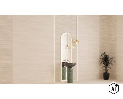 Baie modernă cu plăci ceramice texturate pentru perete, oglindă rotunjită, lavoar pe piedestal de piatră și iluminat decorativ. (Image AI modified or generated)