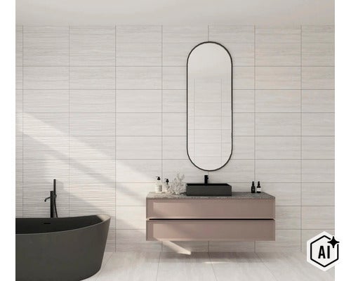 Baie modernă cu mobilier de lavoar, chiuvetă dreptunghiulară, oglindă ovală și cadă de sine stătătoare în fața unui perete placat cu gresie. (Image AI modified or generated)