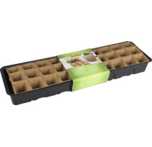 Tavă de însămânțare FloraSelf cu ghivece biodegradabile într-o tăviță din plastic