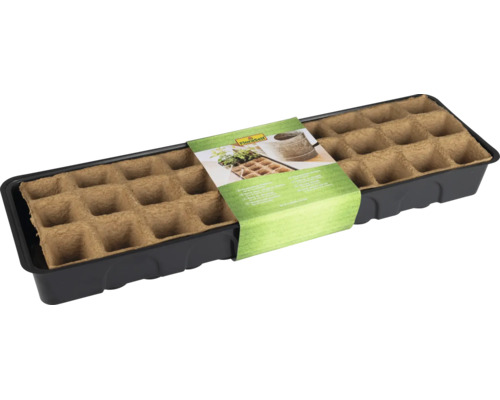 Tavă de însămânțare FloraSelf cu ghivece biodegradabile într-o tăviță din plastic