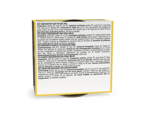 Partea din spate a unei conserve de hrană complementară pentru câini Schesir cu informații despre ingrediente și recomandări de hrănire