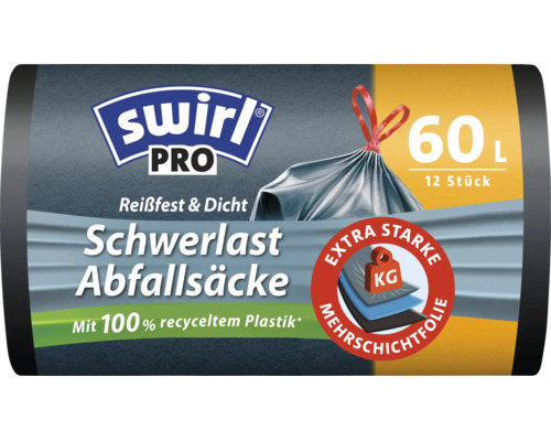 Sac de gunoi rezistent Swirl Pro 60 litri 12 bucăți din plastic reciclat cu bandă de legare