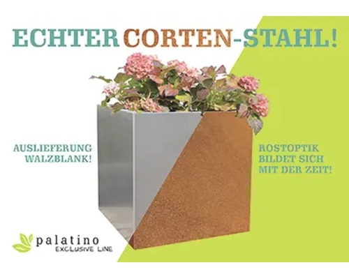 Jardinieră pătrată din oțel corten Palatino Exclusive Line, livrată în stare brută, cu aspect de rugină care se formează în timp.