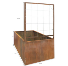 Strat înălțat din oțel corten cu spalier integrat, dimensiuni 200 pe 100 pe 70 centimetri, înălțime totală cu spalier 183 centimetri.