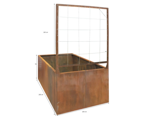 Strat înălțat din oțel corten cu spalier integrat, dimensiuni 200 pe 100 pe 70 centimetri, înălțime totală cu spalier 183 centimetri.