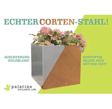 Jardinieră pătrată din oțel corten Palatino Exclusive Line, livrată în stare brută, cu aspect de rugină care se formează în timp.
