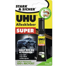 Adeziv universal UHU Super la tub de 7 grame pentru lipiri puternice și rapide, fără solvenți.