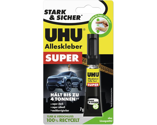 Adeziv universal UHU Super la tub de 7 grame pentru lipiri puternice și rapide, fără solvenți.