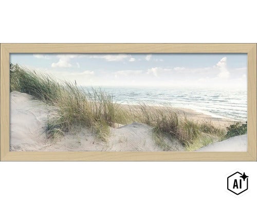 Tablou de perete cu motiv de plajă, dune și mare, înrămat într-o ramă de lemn în format peisaj (Image AI modified or generated)