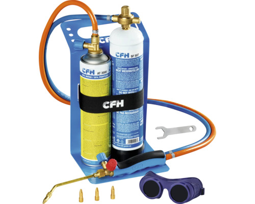 Set aparat de sudură CFH cu butelii de gaz, suport, arzător, ochelari de protecție și accesorii pentru lucrări de sudură.