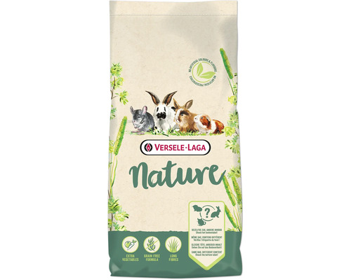 Ambalaj hrană pentru animale Versele-Laga Nature cu ilustrații cu rozătoare, formulă fără cereale cu extra legume și fibre lungi.