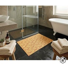 Covoraș de baie cu model țesut pe pardoseală din gresie închisă la culoare într-o baie modernă cu cadă și cabină de duș. (Image AI modified or generated)