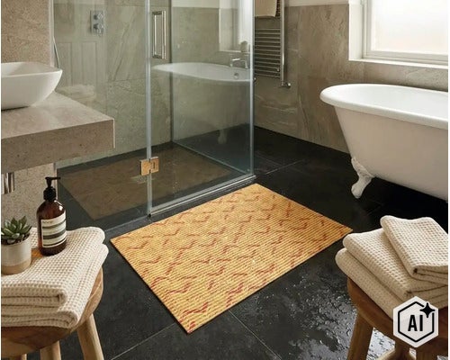 Covoraș de baie cu model țesut pe pardoseală din gresie închisă la culoare într-o baie modernă cu cadă și cabină de duș. (Image AI modified or generated)