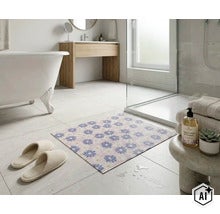 Interior modern de baie cu cadă, cabină de duș și covoraș de baie cu model floral pe gresie deschisă la culoare. (Image AI modified or generated)