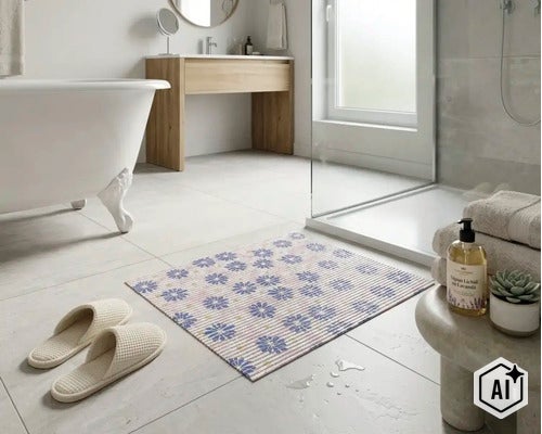 Interior modern de baie cu cadă, cabină de duș și covoraș de baie cu model floral pe gresie deschisă la culoare. (Image AI modified or generated)
