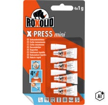 Patru tuburi de adeziv rapid Roxolid X-Press Mini de cate un gram fiecare in ambalaj blister. (Image AI modified or generated)