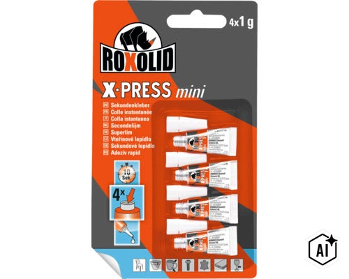 Patru tuburi de adeziv rapid Roxolid X-Press Mini de cate un gram fiecare in ambalaj blister. (Image AI modified or generated)