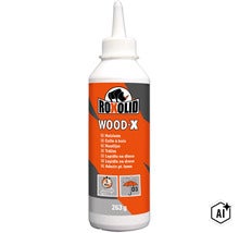 Adeziv pentru lemn Roxolid Wood-X la flacon de 263 grame cu vârf de aplicare, rezistent la apă conform standardului D3, timp de lucru 5 minute. (Image AI modified or generated)
