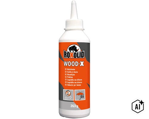 Adeziv pentru lemn Roxolid Wood-X la flacon de 263 grame cu vârf de aplicare, rezistent la apă conform standardului D3, timp de lucru 5 minute. (Image AI modified or generated)