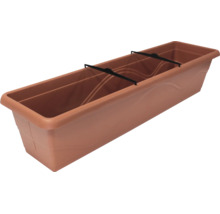 Jardinieră alungită pentru balcon din material plastic cu două cleme de stabilizare negre integrate pentru irigare sau structurare.