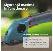 Detaliu al mânerului foarfecei pentru gard viu Konner und Sohnen cu sistem de protecție cu trei căi și comutatoare de siguranță.