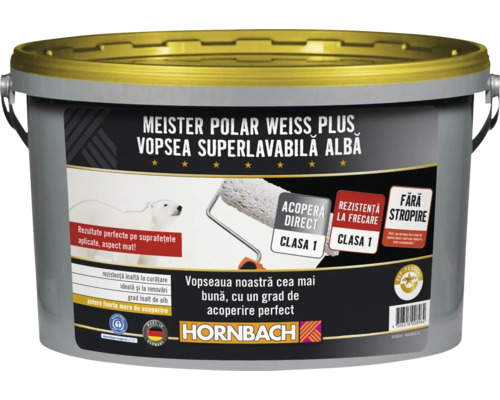 Găleată cu vopsea lavabilă pentru interior Meister Polar Weiss Plus, finisaj mat, putere mare de acoperire, 10 litri.