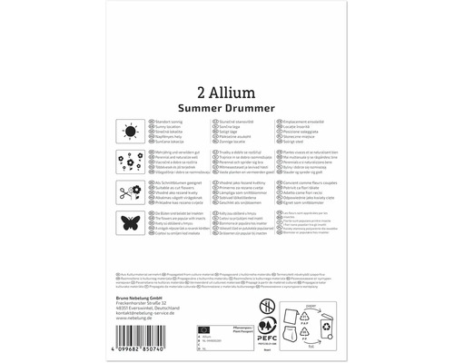 Spatele ambalajului bulbilor Allium Summer Drummer cu instrucțiuni de plantare, simboluri pentru locație și îngrijire și instrucțiuni de reciclare.