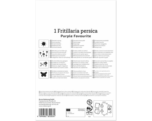 Ambalaj produs pentru bulbi Fritillaria persica Purple Favourite cu instructiuni de plantare si simboluri de reciclare.