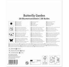 Partea din spate a ambalajului pentru bulbii de flori Butterfly Garden cu informații despre plantare conținut și detalii despre producător