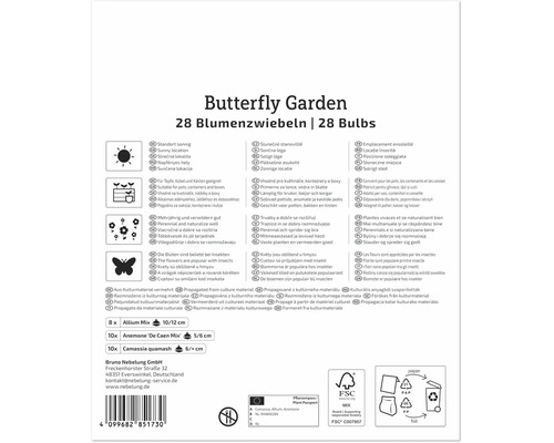 Partea din spate a ambalajului pentru bulbii de flori Butterfly Garden cu informații despre plantare conținut și detalii despre producător