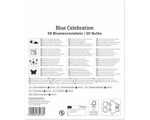 Partea din spate a ambalajului produsului pentru bulbii de flori Blue Celebration cu informații despre plantare și conținutul amestecului.
