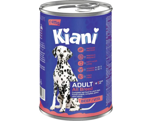Hrană umedă Kiani pentru câini adulți cu vită în conservă de 415 grame.