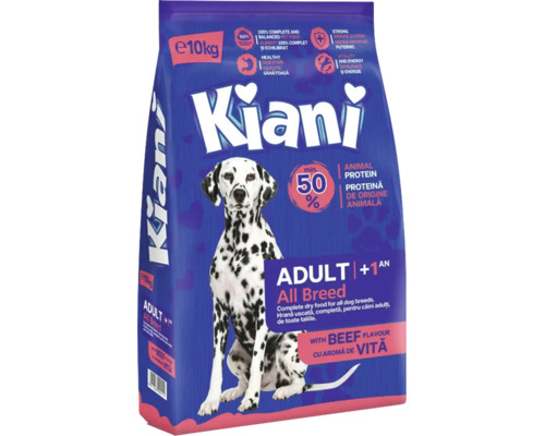 Hrana uscata pentru caini adulti Kiani cu aroma de vita, sac de 10 kilograme.