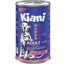 O conservă de hrană pentru câini Kiani, aromă de vită, hrană completă pentru câini adulți din toate rasele, greutate 1240 grame.
