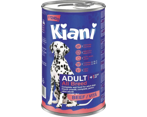 O conservă de hrană pentru câini Kiani, aromă de vită, hrană completă pentru câini adulți din toate rasele, greutate 1240 grame.