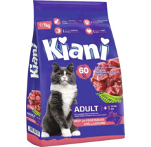 Hrană uscată pentru pisici adulte Kiani cu vită și legume, ambalaj de 1 kilogram.
