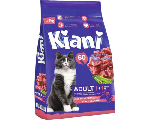Hrană uscată pentru pisici adulte Kiani cu vită și legume, ambalaj de 1 kilogram.