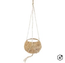 Coș suspendat pentru plante din fibră de cocos cu suspensie din sfoară pentru prezentare decorativă (Image AI modified or generated)